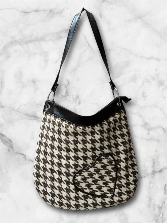 Fashion Express Handbags - Vintage Houndstooth Fashion Express Brown Cream Satchel Bag Purse Heart Pocket